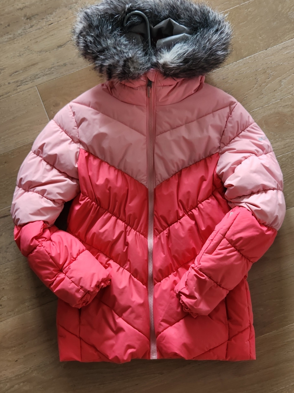 Columbia Girls L 14/16 Pink Coral Colour Block Puffer Faux Fur Hood